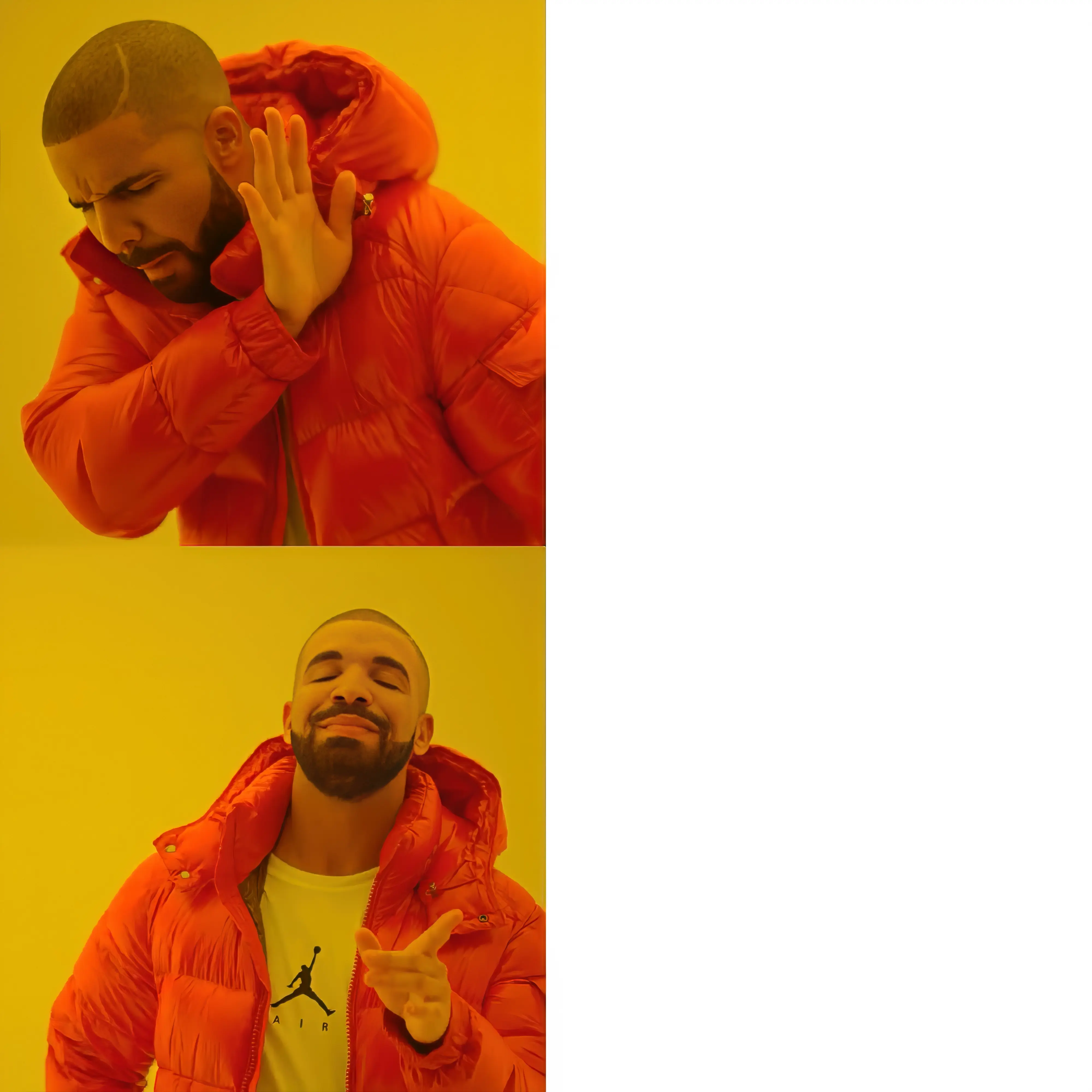 Drake in a red jacket making contrasting facial expressions in two panels.