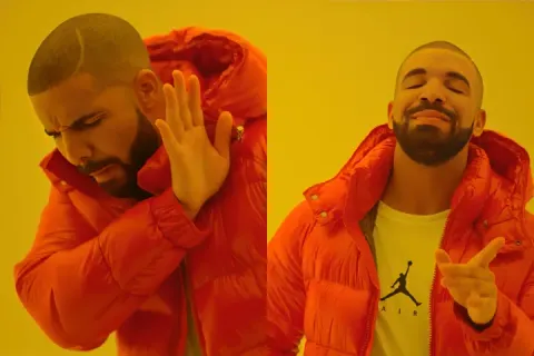 Drake in a red jacket making contrasting facial expressions in two panels.