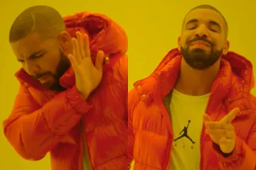 Drake in a red jacket making contrasting facial expressions in two panels.