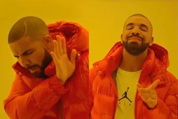 Drake in a red jacket disapproving and approving in two panels.