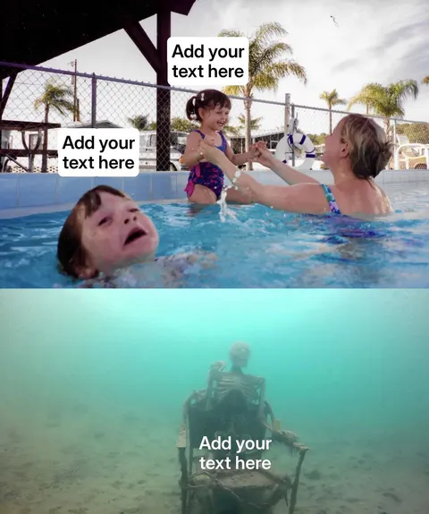 A mother holding a child in a pool while another child struggles in the water.