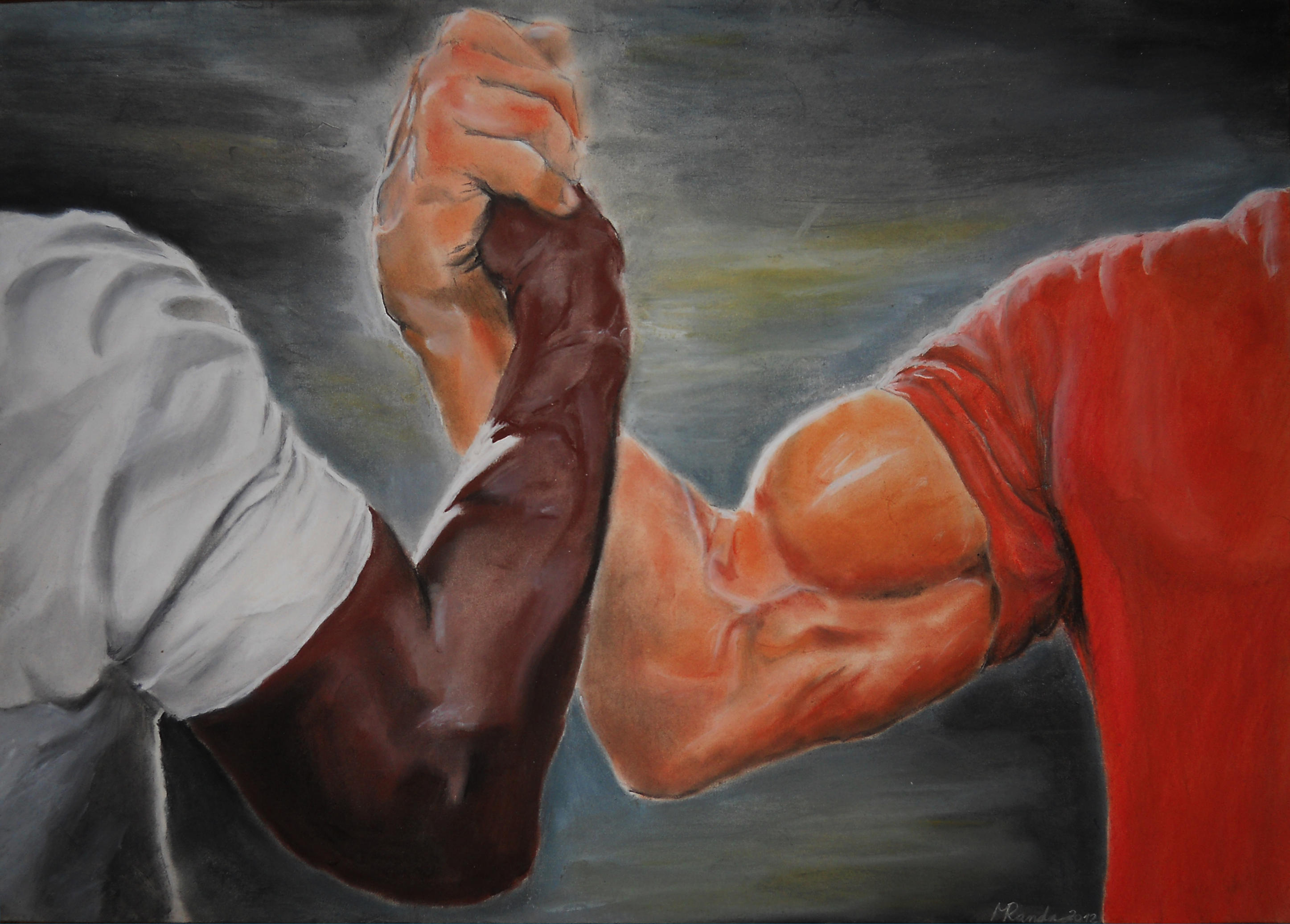 Two muscular arms in a handshake from the Epic Handshake meme.