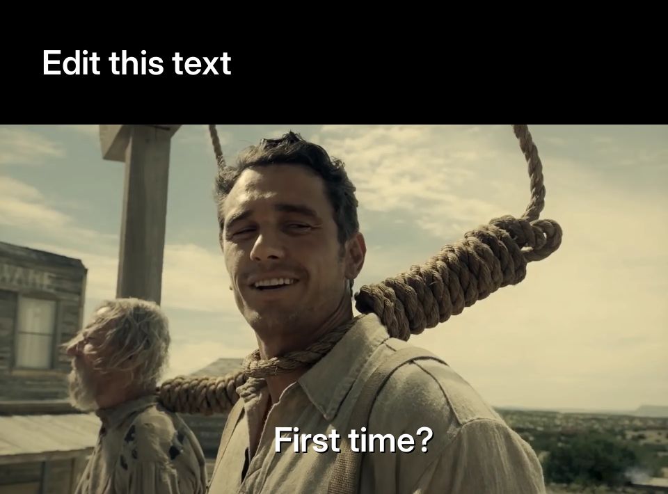 A man with a noose around his neck smiling, from a movie scene.
