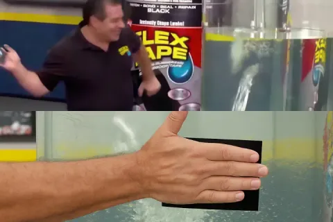 Man applying tape to a leaking tank with water flowing out