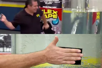 Man applying tape to a leaking tank with water flowing out