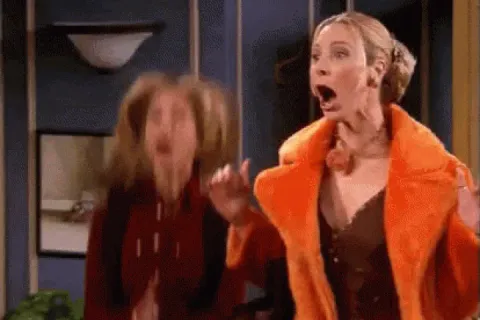 Rachel and Phoebe from Friends jumping excitedly.