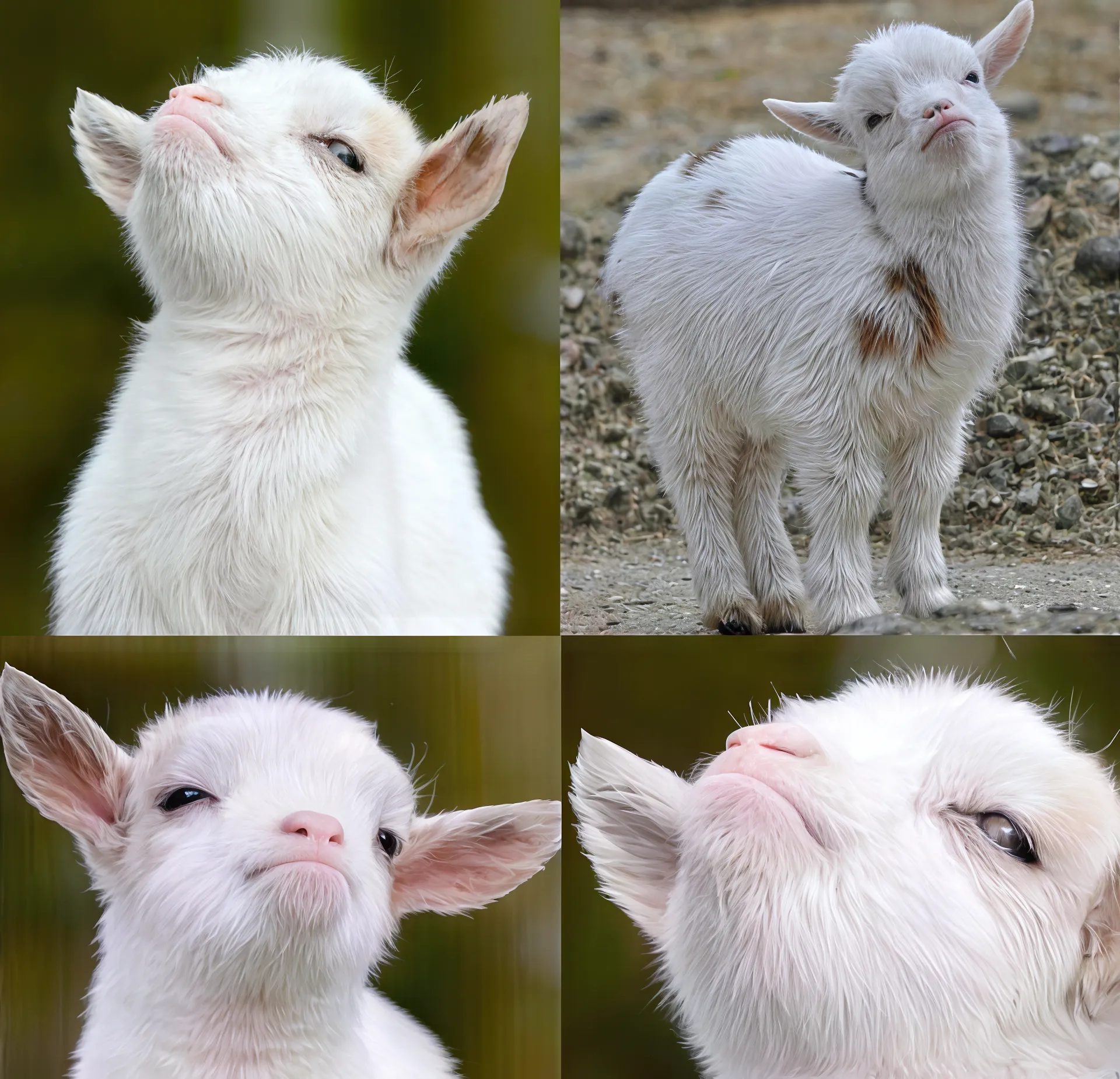 Four images of a baby goat with a smug expression.