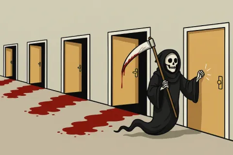 Grim Reaper knocking on a door with a bloody scythe and trail of blood