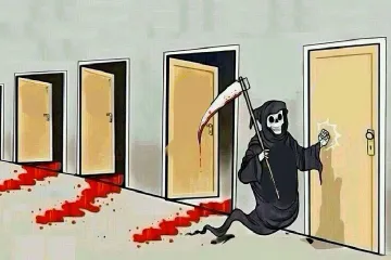 Grim Reaper knocking on a door with a bloody scythe and trail of blood