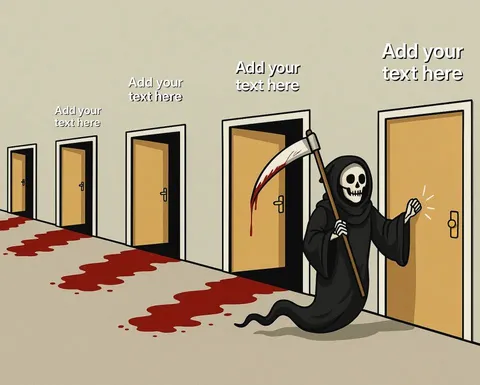 Grim Reaper knocking on a door with a bloody scythe and trail of blood