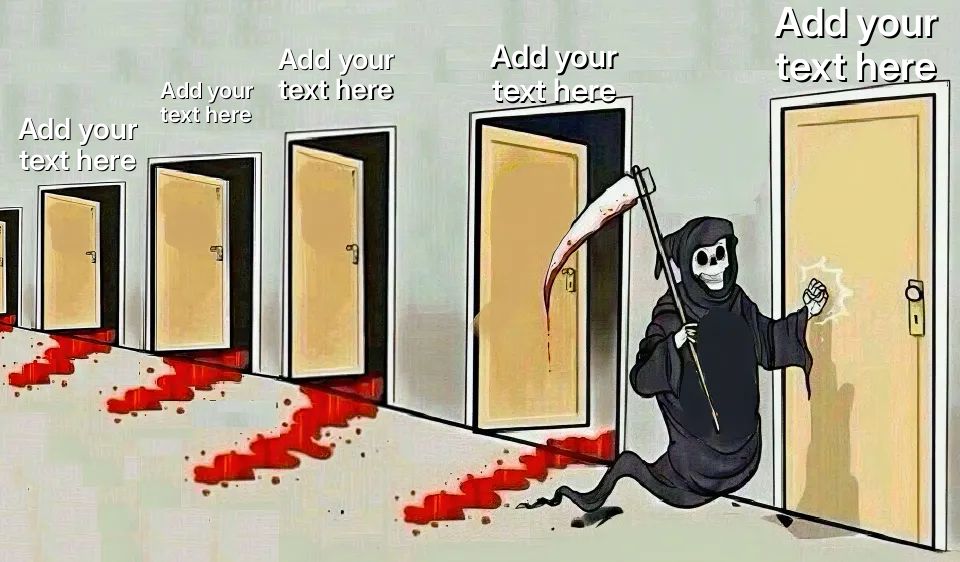Grim Reaper knocking on a door with a bloody scythe and trail of blood