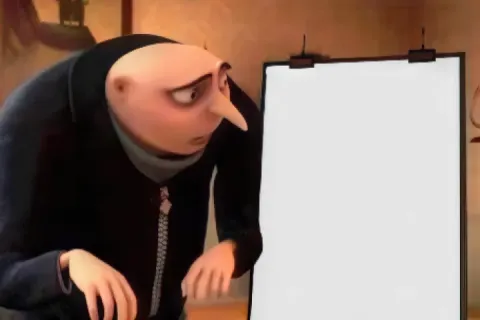 Gru from Despicable Me presenting a plan on a blank board in four panels.