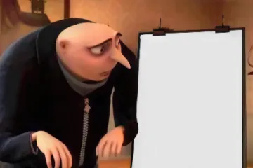Gru from Despicable Me presenting a plan on a blank board in four panels.