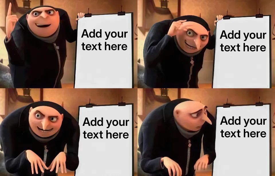 Gru from Despicable Me presenting a plan on a blank board in four panels.