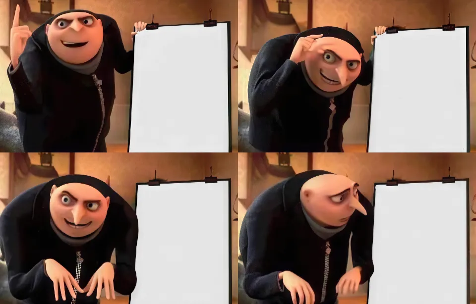 Gru from Despicable Me presenting a plan on a blank board in four panels.