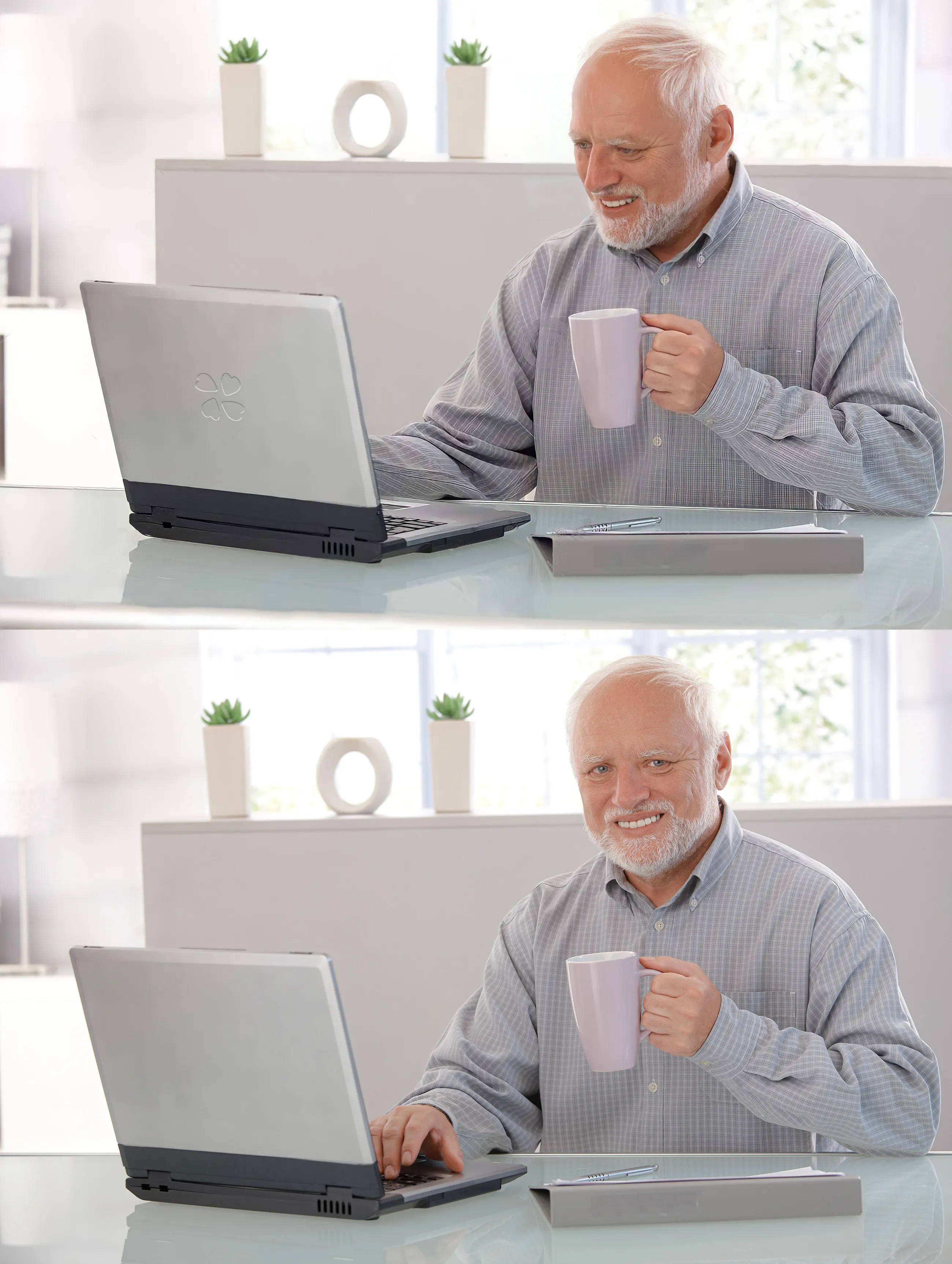 Elderly man with a forced smile holding a mug in front of a laptop.