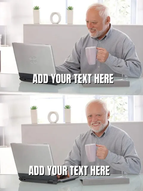 Elderly man with a forced smile holding a mug in front of a laptop.