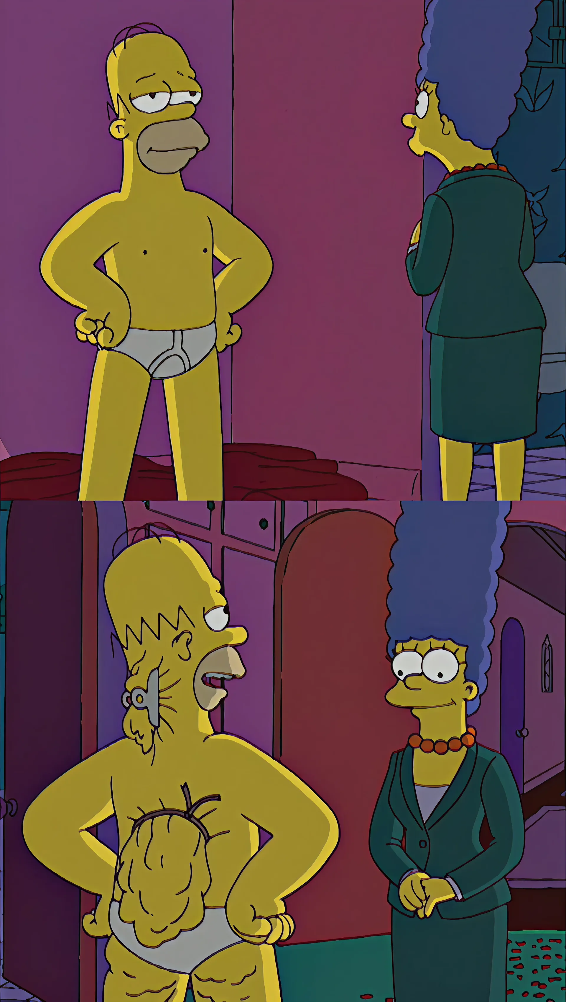 Homer Simpson showing back fat to Marge in a humorous scene.