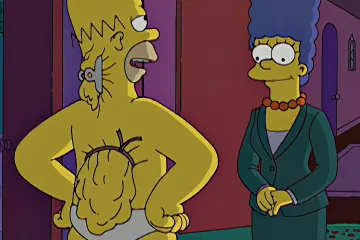 Homer Simpson showing back fat to Marge in a humorous scene.