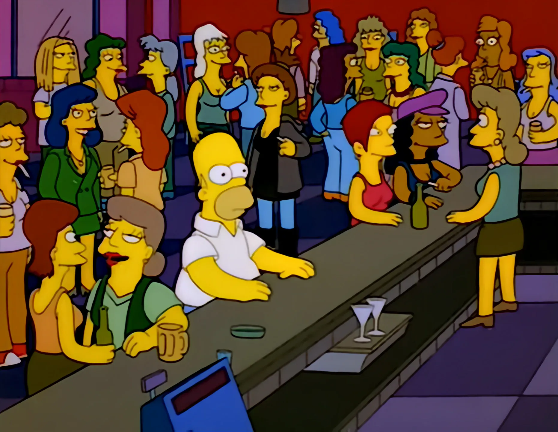 Homer Simpson sitting alone at a crowded bar from The Simpsons.