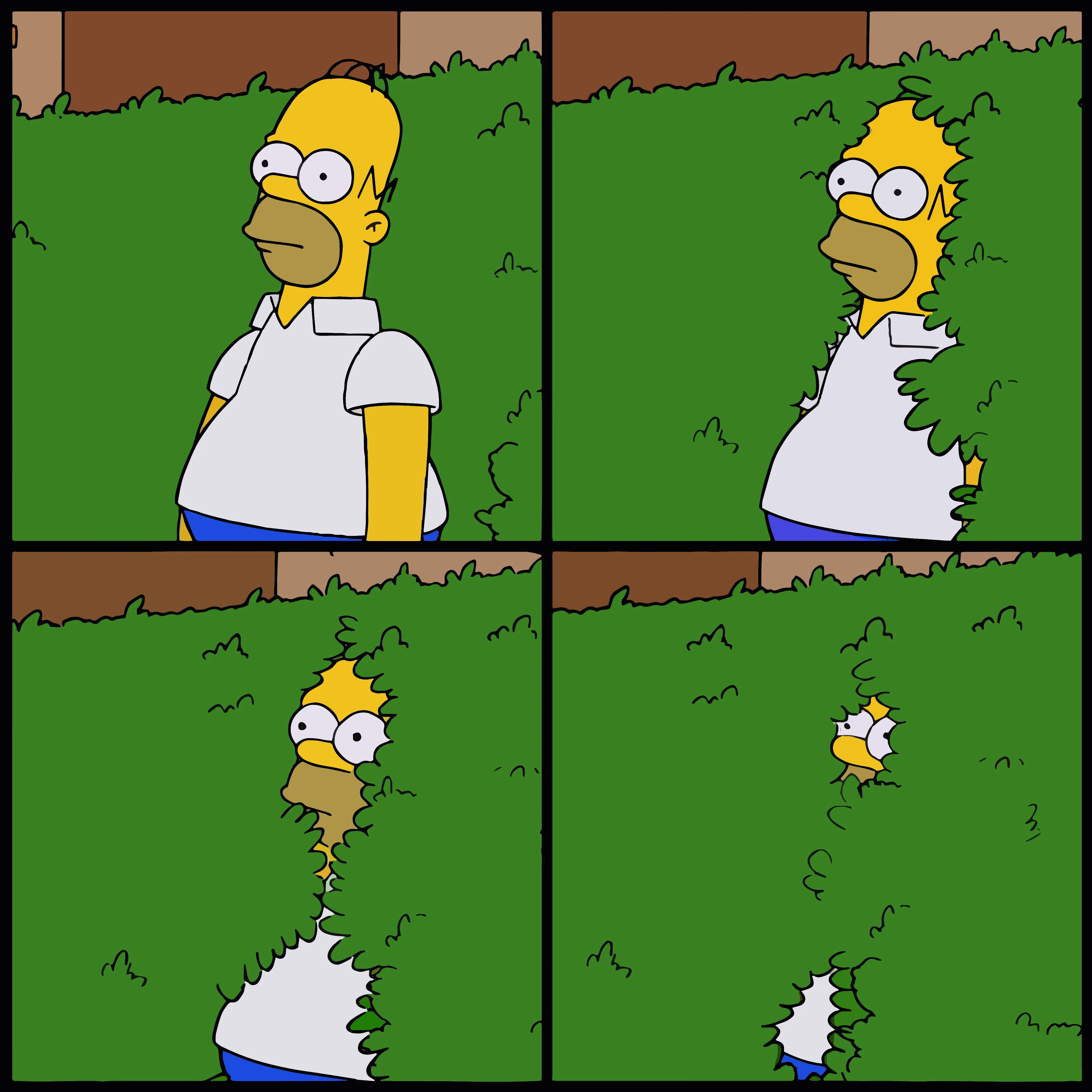 Homer Simpson slowly backs into a bush, disappearing from view.