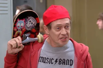 A man in a red cap and hoodie holding a skateboard, saying 'How do you do, fellow kids?'