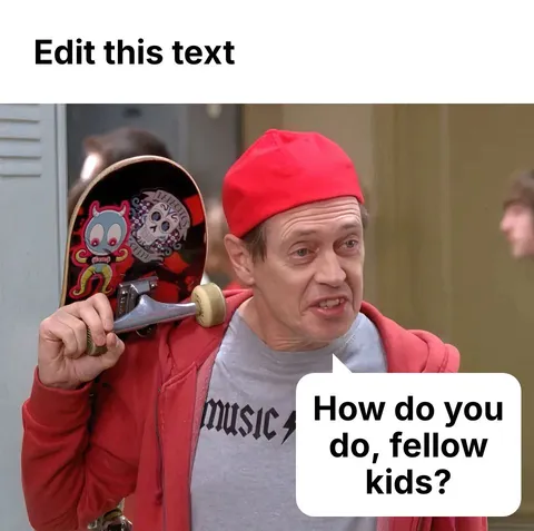 A man in a red cap and hoodie holding a skateboard, saying 'How do you do, fellow kids?'