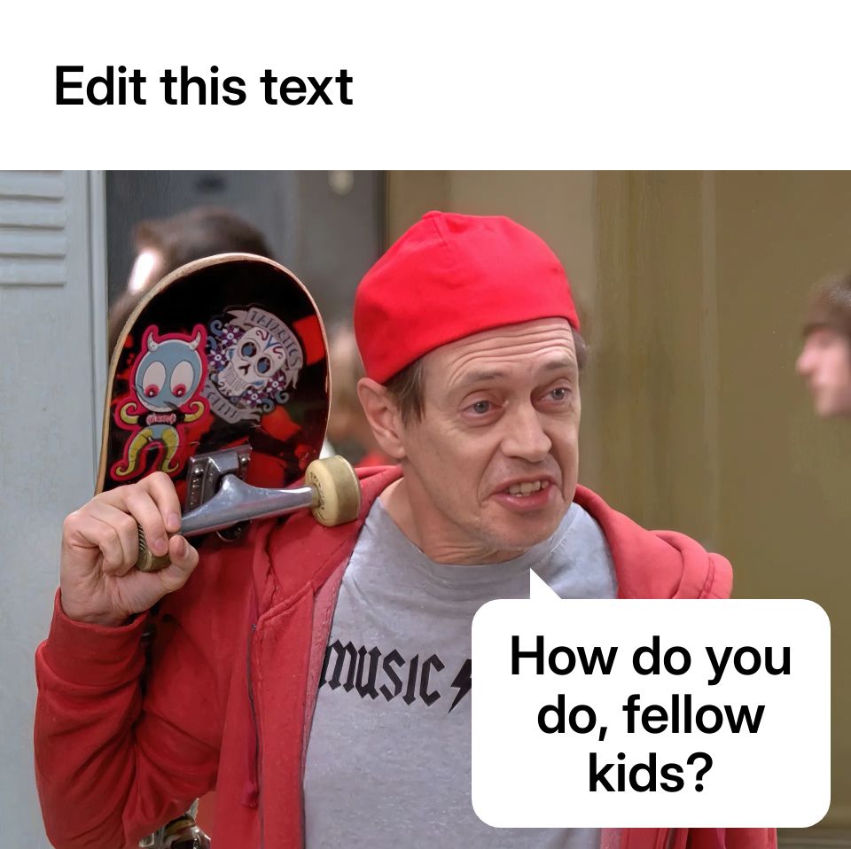 A man in a red cap and hoodie holding a skateboard, saying 'How do you do, fellow kids?'