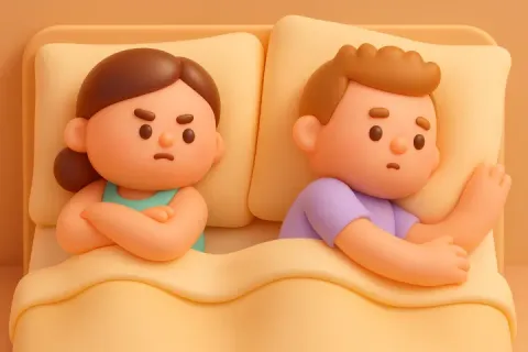 3d render of a woman and man lying in bed, woman looking suspiciously at the man.