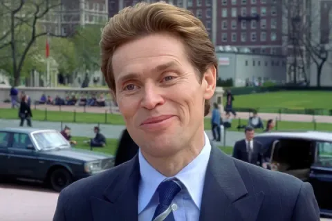 A man in a suit smirking outdoors, from a movie scene.