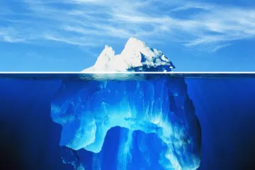 An iceberg with visible sections above and below water, divided into layers.