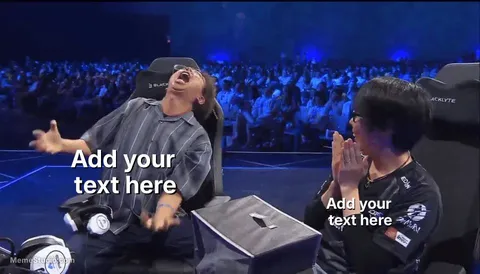 Two gamers in chairs, one expressing frustration, the other clapping, with a crowd in the background.