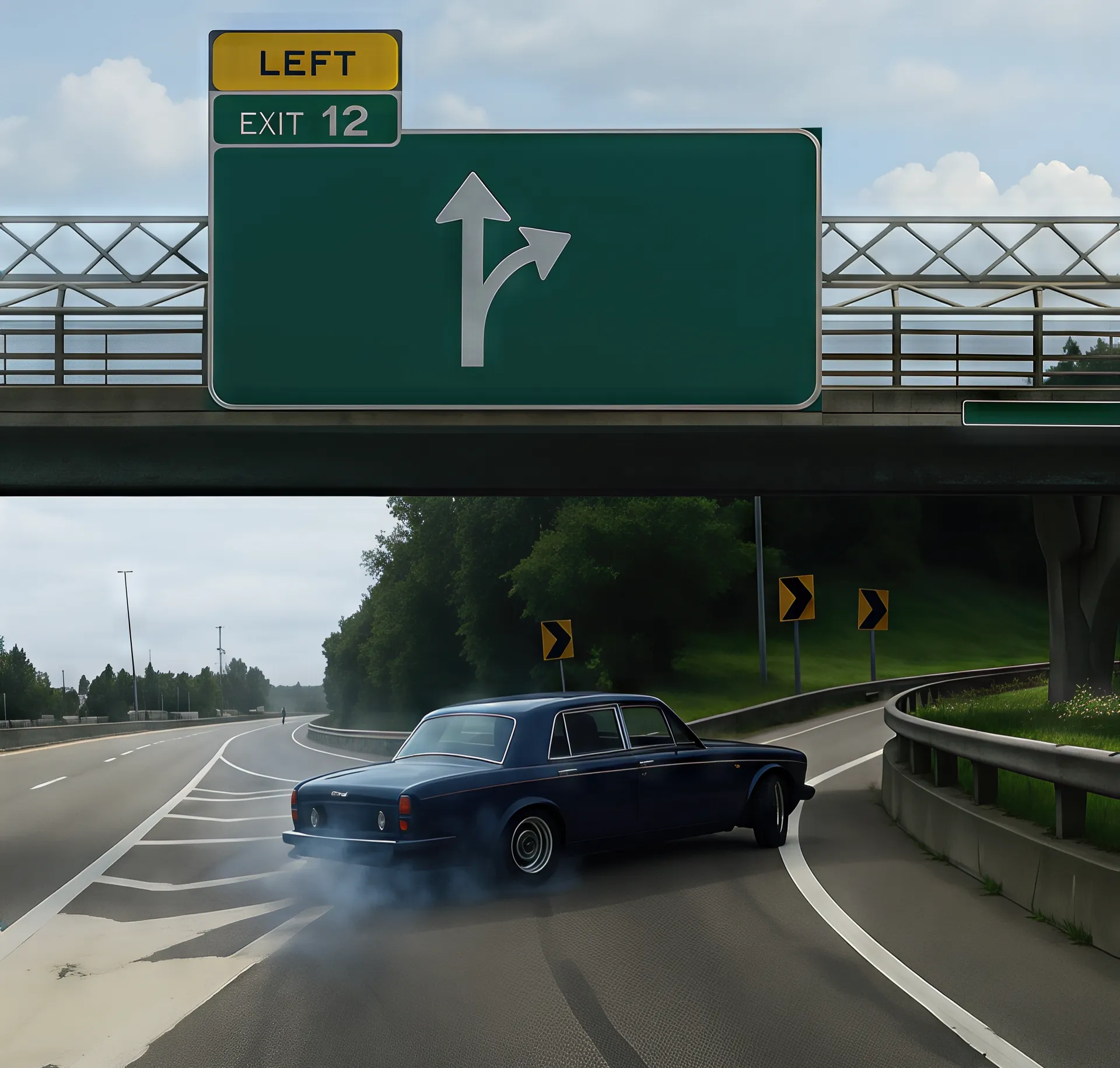 Car skidding onto a highway exit ramp with a road sign overhead.