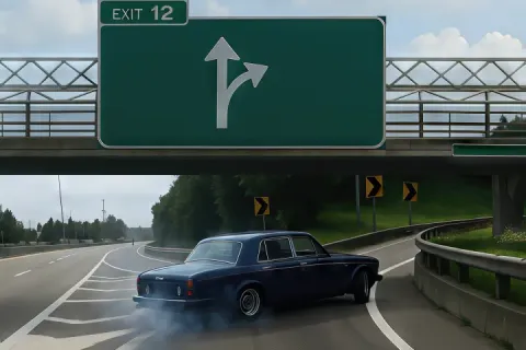 Car skidding onto a highway exit ramp with a road sign overhead.