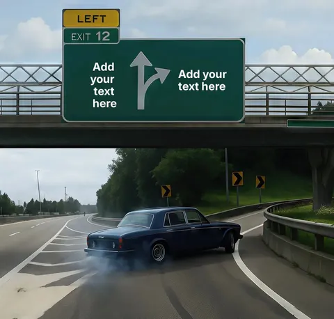Car skidding onto a highway exit ramp with a road sign overhead.