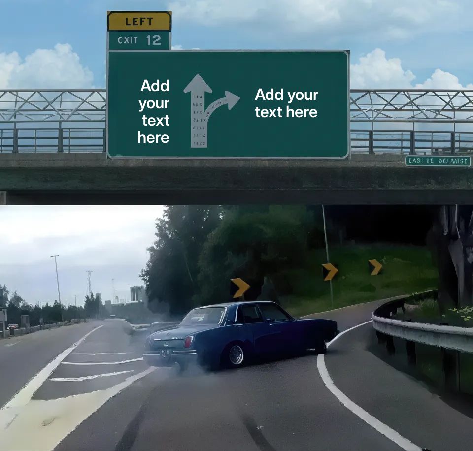 Car skidding onto a highway exit ramp with a road sign overhead.