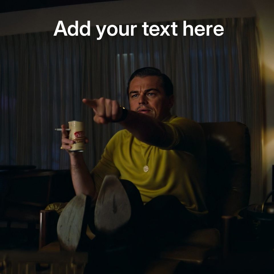 Leonardo DiCaprio pointing while holding a drink and cigarette in a movie scene.