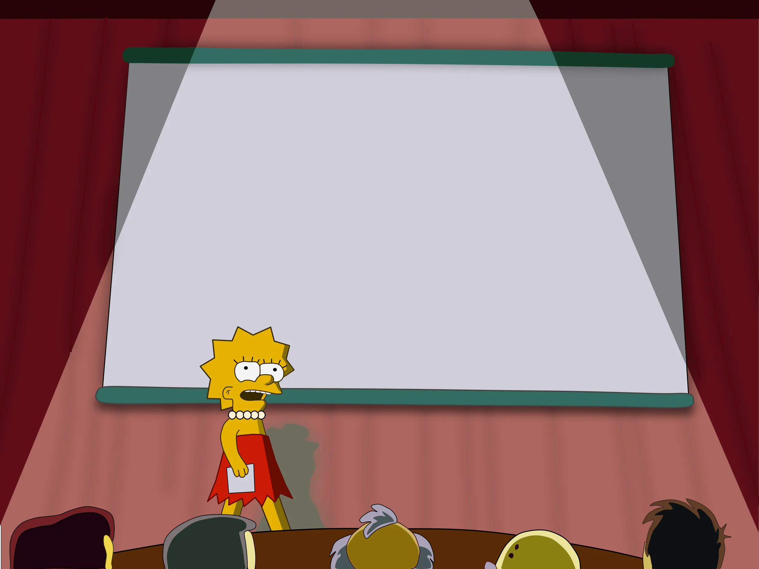 Lisa Simpson giving a presentation on a blank screen in a classroom setting.