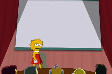 Lisa Simpson giving a presentation on a blank screen in a classroom setting.
