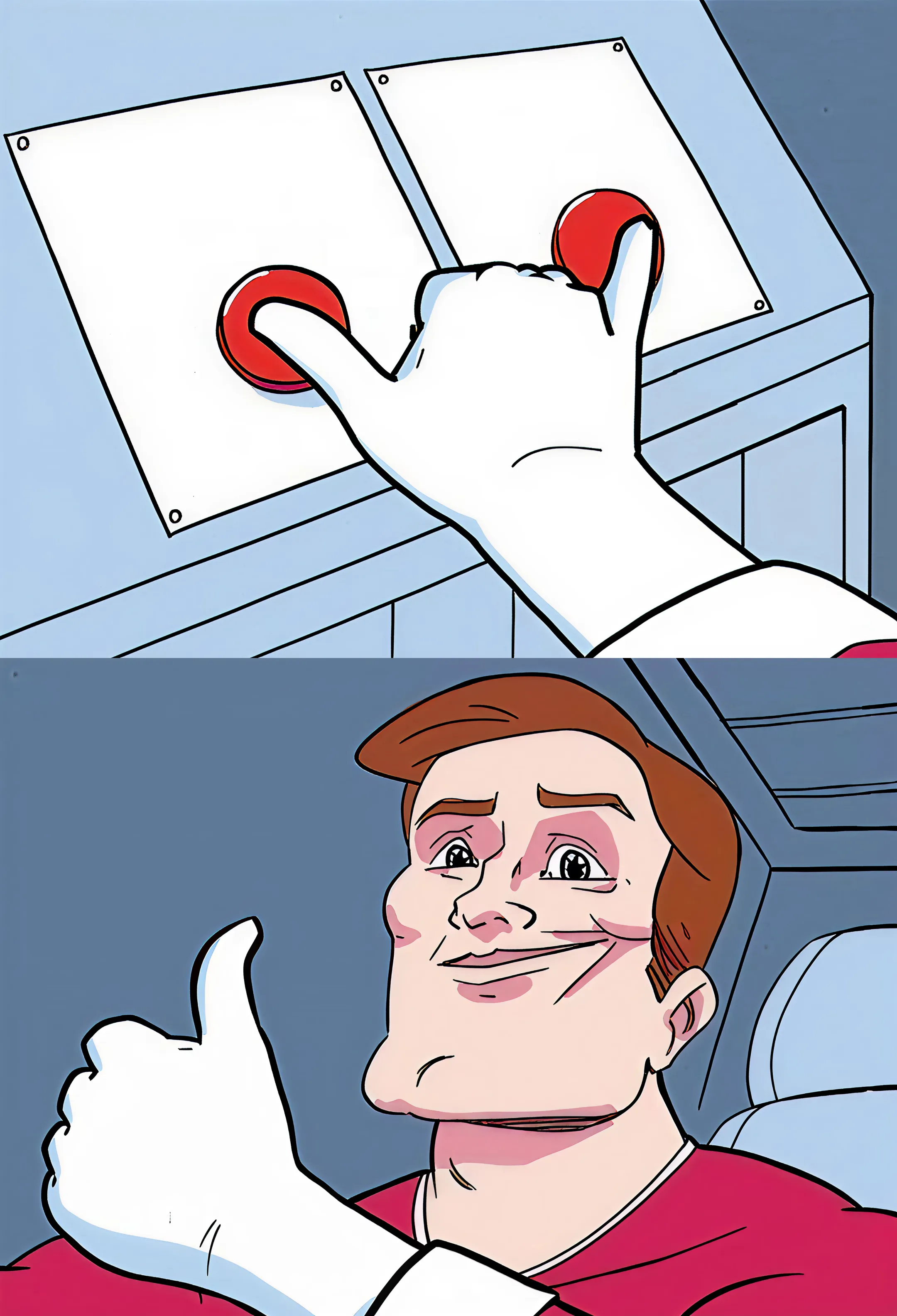Cartoon character pressing two red buttons with a satisfied expression.