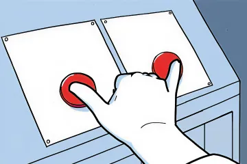 Cartoon character pressing two red buttons with a satisfied expression.