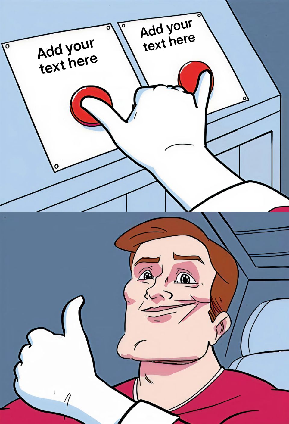 Cartoon character pressing two red buttons with a satisfied expression.
