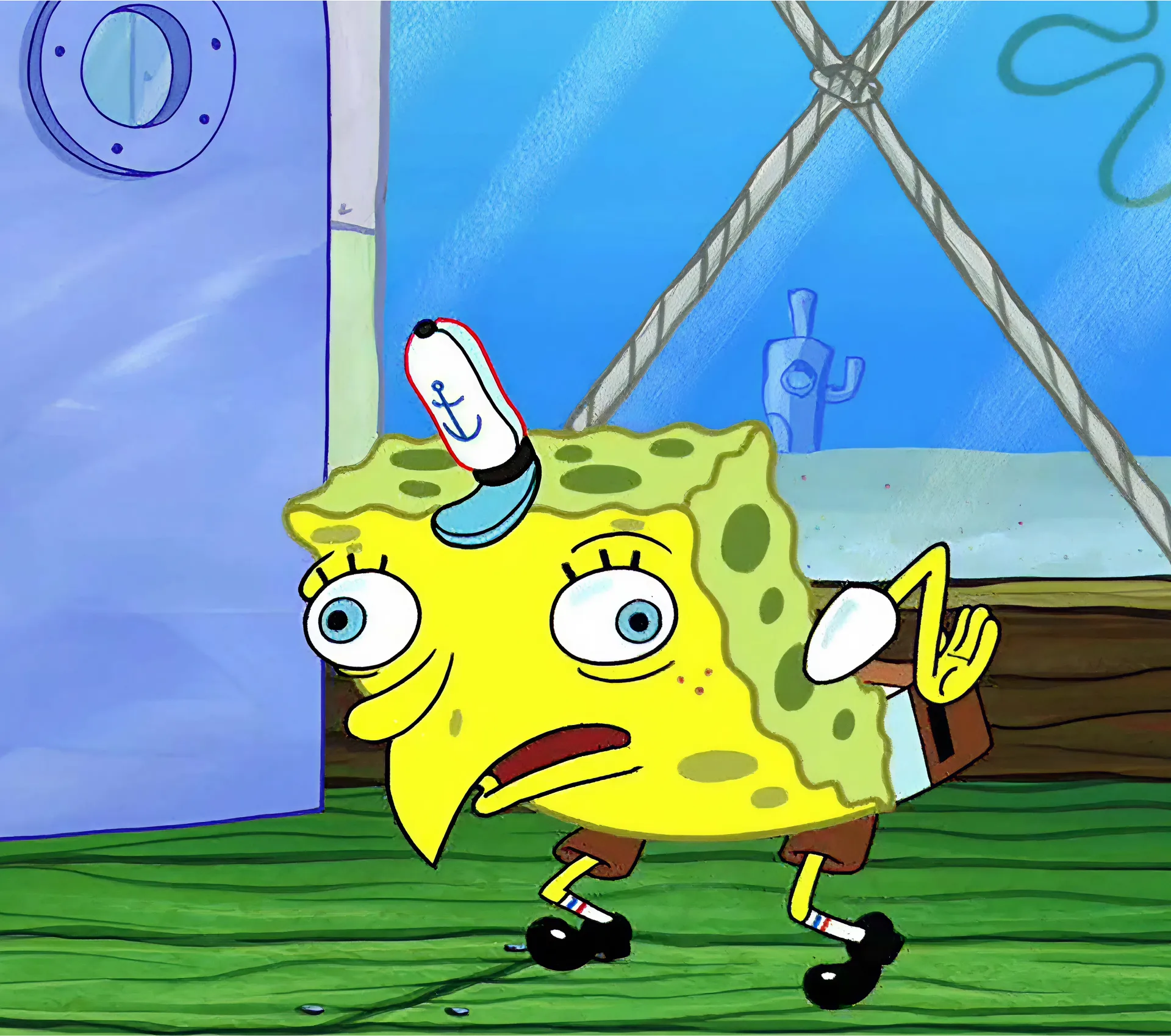 Spongebob Squarepants in a mocking pose with distorted features.