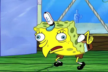 Spongebob Squarepants in a mocking pose with distorted features.