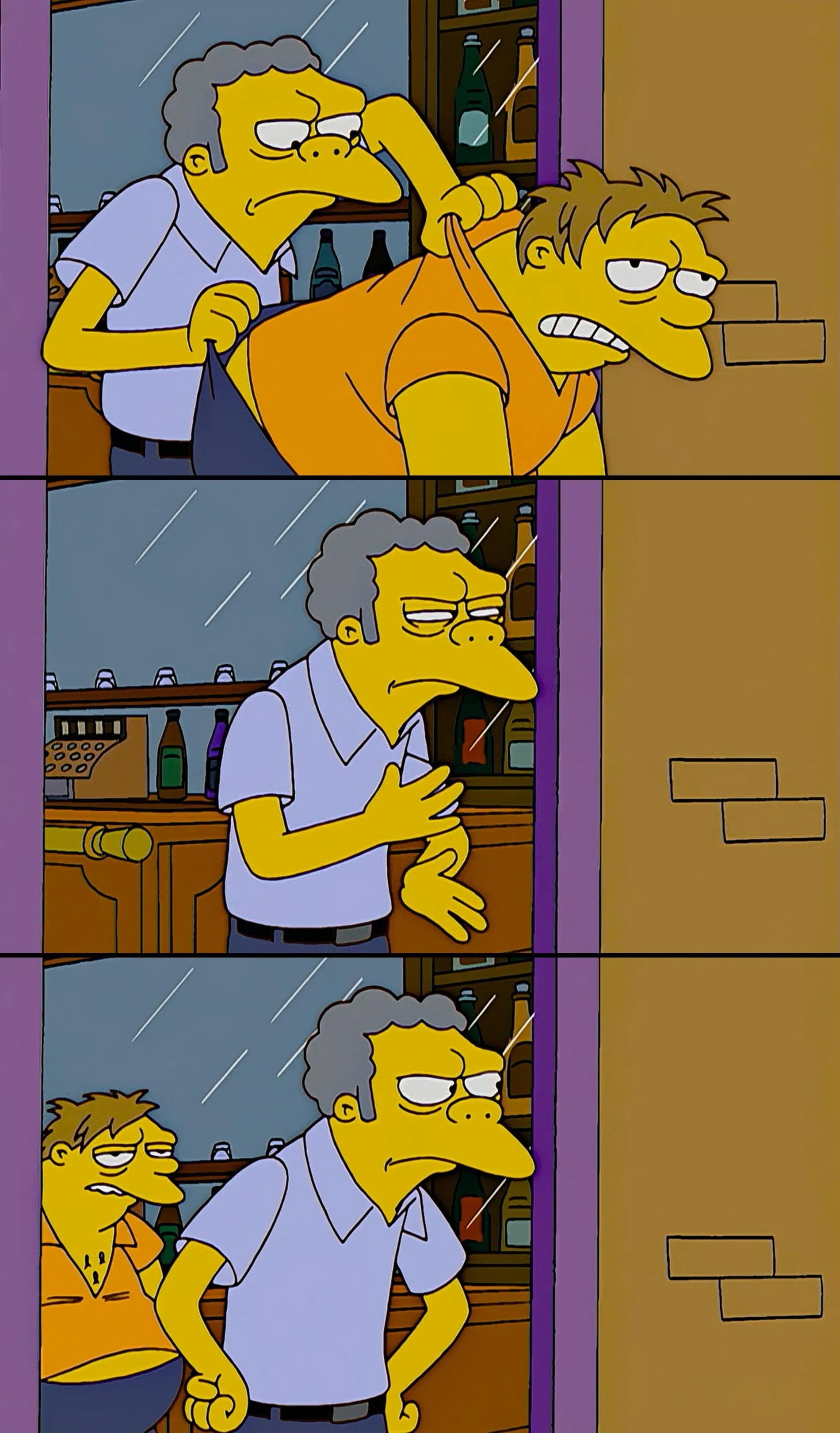Moe throws Barney out of the bar in a three-panel comic strip from The Simpsons.