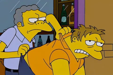 Moe throws Barney out of the bar in a three-panel comic strip from The Simpsons.