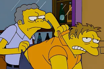 Moe throws Barney out of the bar in a three-panel comic strip from The Simpsons.