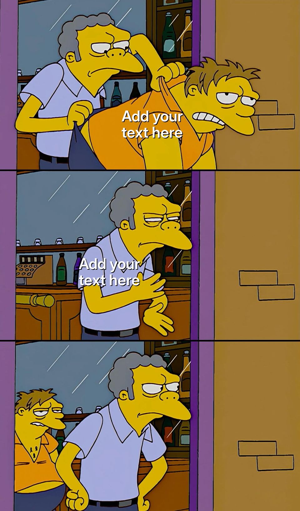 Moe throws Barney out of the bar in a three-panel comic strip from The Simpsons.