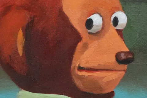 A painted monkey puppet with wide eyes looking sideways, wearing a green shirt.