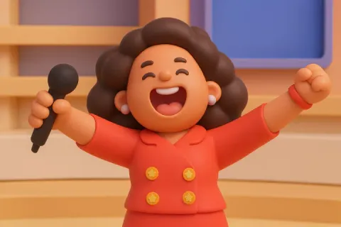 Cute 3d render of Oprah Winfrey enthusiastically giving away gifts on her show.